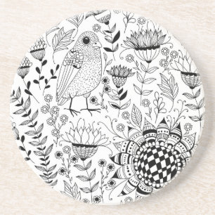 Bird and flowers doodle pattern coaster