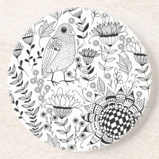 Bird and flowers doodle pattern coaster (Front)