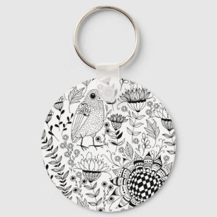 Bird and flowers doodle pattern key ring