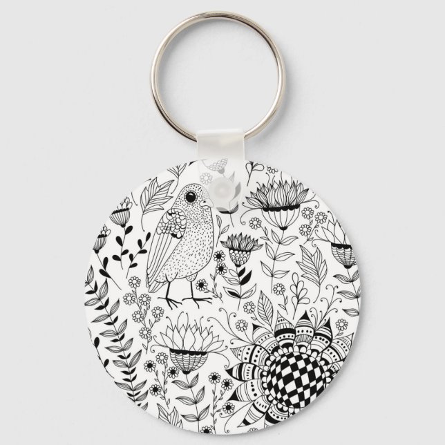 Bird and flowers doodle pattern key ring (Front)