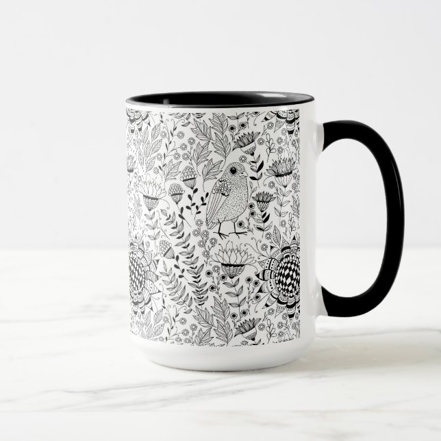 Bird and flowers doodle pattern mug (Right)