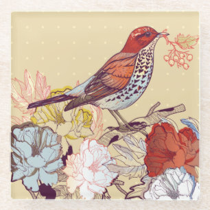 Bird and Flowers Glass Coaster