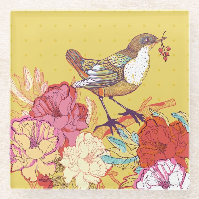 Bird and Flowers Glass Coaster (Front)