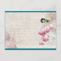 Bird and Flowers with Handwriting Shabby Vintage