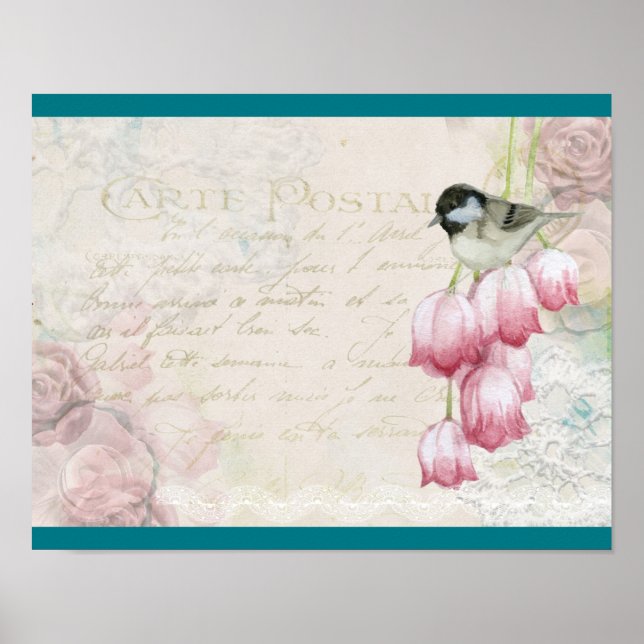 Bird and Flowers with Handwriting Shabby Vintage Poster (Front)
