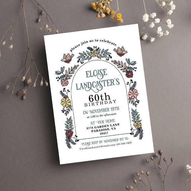 Bird and Garden Flower Arch Milestone Birthday Invitation (Floral Garden Arch 60th  Birthday Invitation For Her)