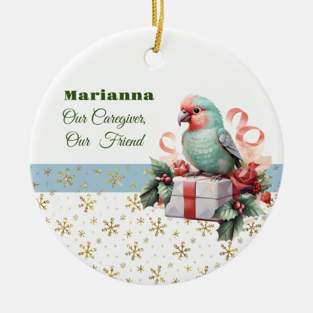 Bird and Gifts Blue Caregiver Round Ornament (Front)