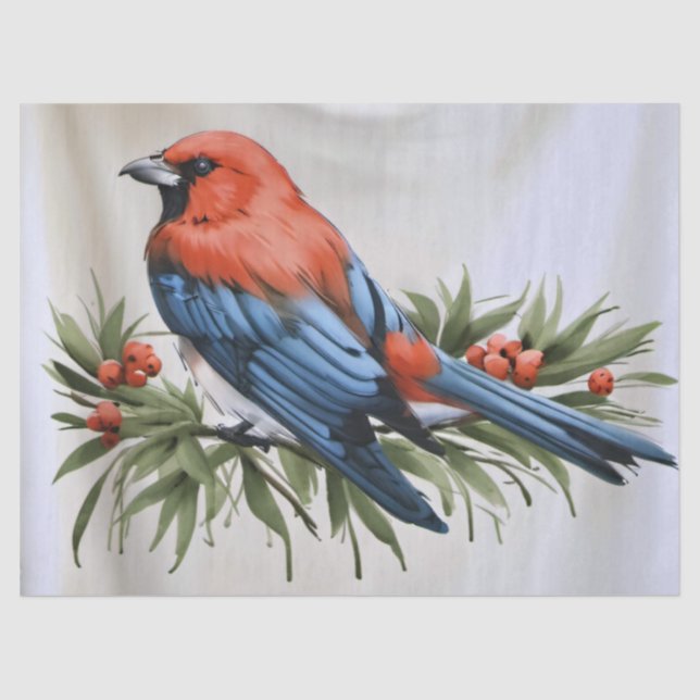 Bird and Holly Christmas Holiday Gift Wrap Tissue Paper (Front)