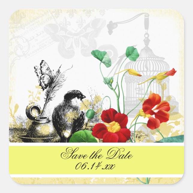 Bird and Orange Nasturtiums Save the Date Stickers (Front)
