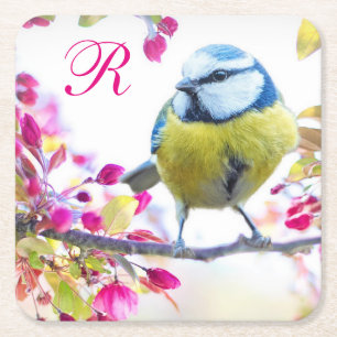 Bird and Pink Blossoms Monogram Square Paper Coaster