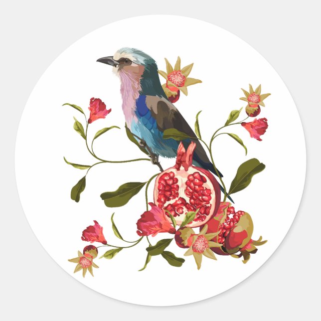 Bird and pomegranate fruit composition. classic round sticker (Front)