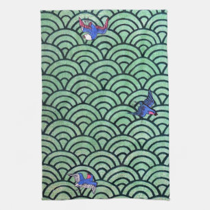 Bird and Wave Pattern, Japanese Design Tea Towel
