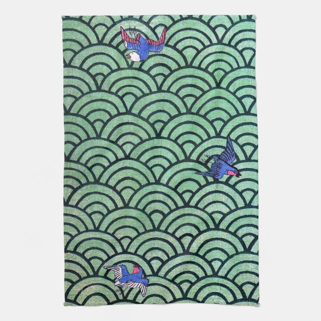 Bird and Wave Pattern, Japanese Design Tea Towel (Vertical)