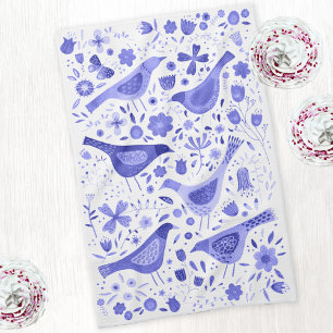Bird and Wildflower Floral Watercolor Blue White Tea Towel