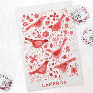 Bird and Wildflower Floral Watercolor Personalised Tea Towel