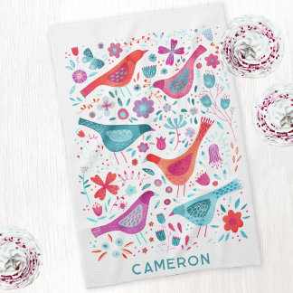 Bird and Wildflower Floral Watercolor Personalised Tea Towel