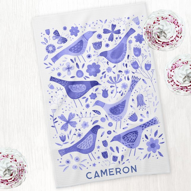 Bird and Wildflower Floral Watercolor Personalised Tea Towel (Personalized custom name watercolor bird and wild flower art kitchen tea towel in blue and white)
