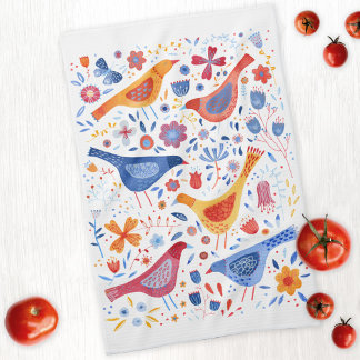 Bird and Wildflower Floral Watercolor Tea Towel