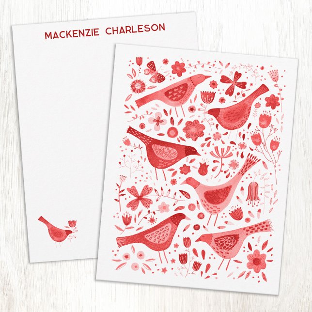 Bird and Wildflower Watercolor Red Personalized Card (Red bird and wildflower botanical floral personalized custom name or text art notecards)