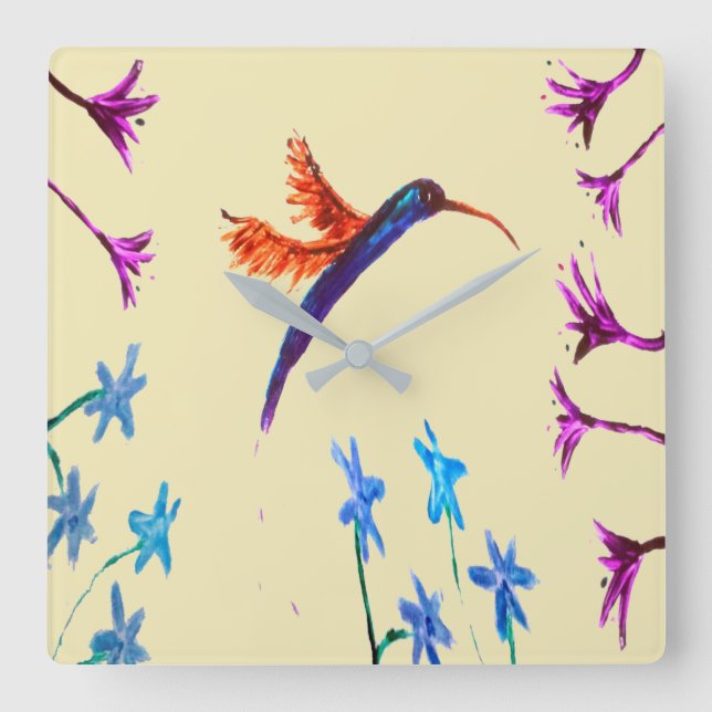 Bird Art Floral Hummingbird Square Wall Clock (Front)