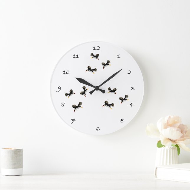 Bird Art Flying Puffins Large Clock (Home)
