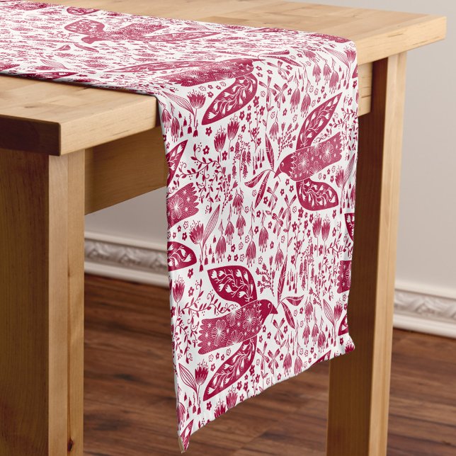 Bird Art Red Short Table Runner (Red and white folk art peace dove festive table runner)