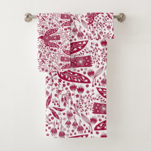 Bird Art Red White Bath Towel Set