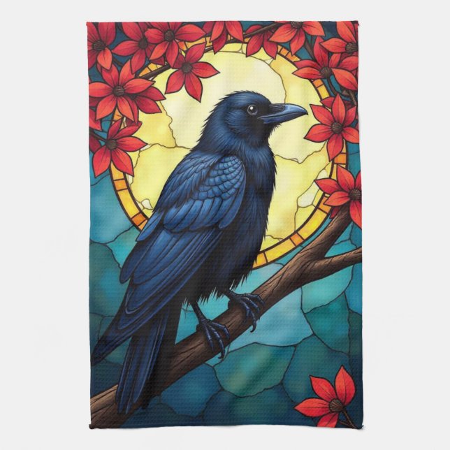 Bird Art Stained Glass Ravens-Crows Tea Towel (Vertical)