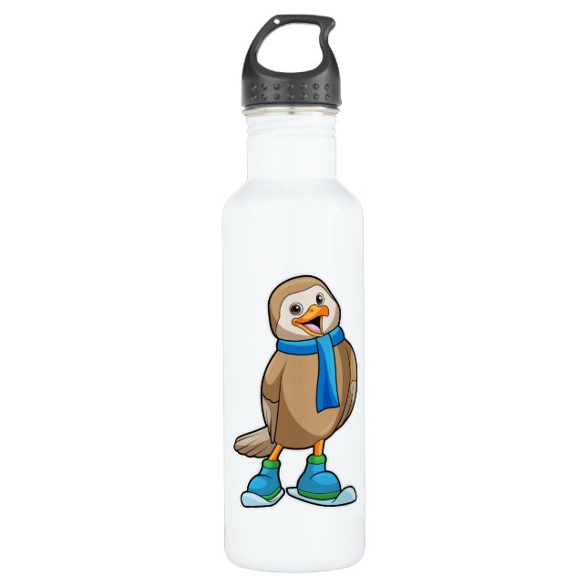 Bird as Skier with Ski & Scarf 710 Ml Water Bottle (Front)