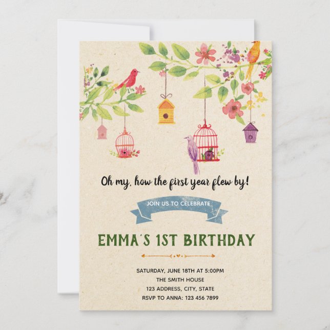 Bird baby shower birthday party invitation (Front)