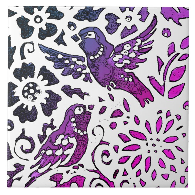 Bird Batik Modern Purple Blue Floral Woodland Tile (Front)