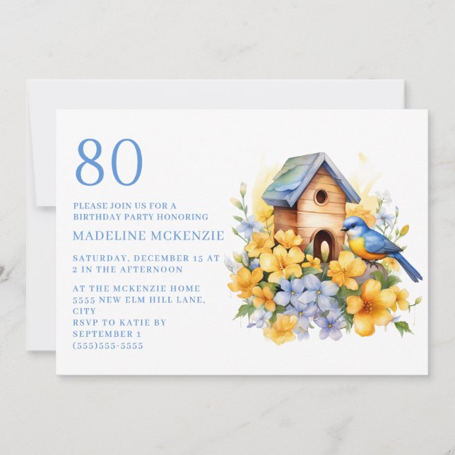 Bird Birdhouse Blue Yellow Flowers 80th Birthday Invitation (Front)