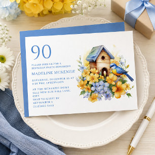Bird Birdhouse Blue Yellow Flowers 90th Birthday Invitation