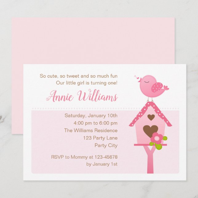 Bird Birthday Invitations (Pink 1st Birthday) (Front/Back)