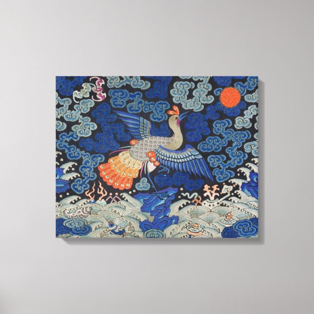 Bird Blue Chinese Embroidery Vintage Canvas Print (Front)