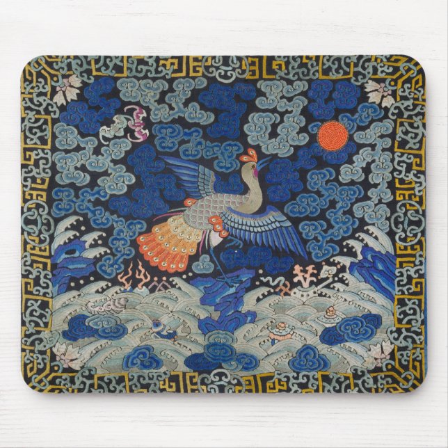 Bird Blue Chinese Embroidery Vintage Mouse Mat (Front)