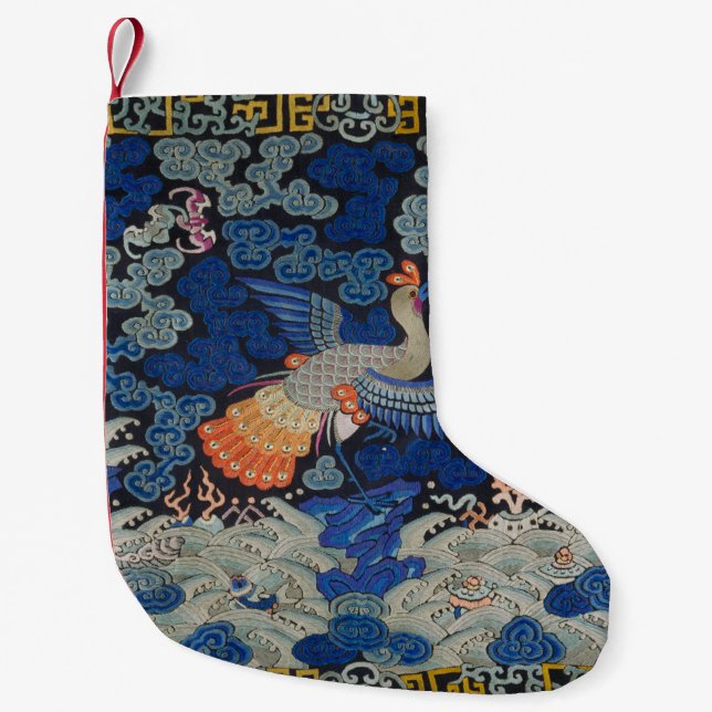 Bird Blue Chinese Embroidery Vintage Small Christmas Stocking (Front)