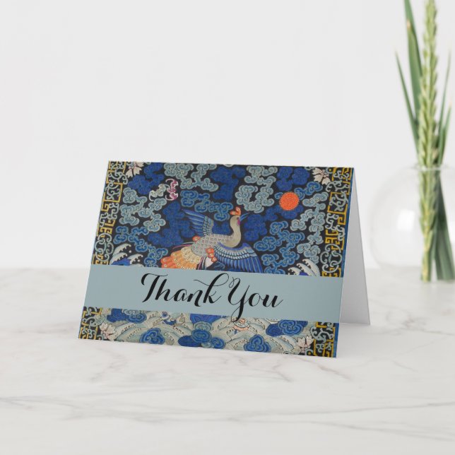 Bird Blue Chinese Embroidery Vintage Thank You Card (Front)