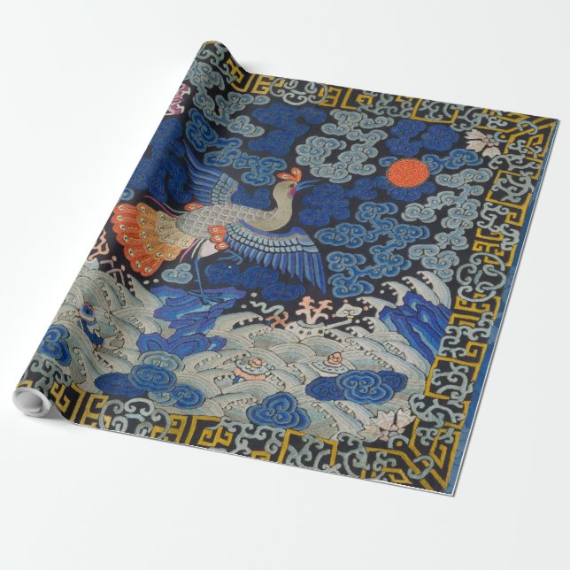 Bird Blue Chinese Embroidery Vintage Wrapping Paper (Unrolled)
