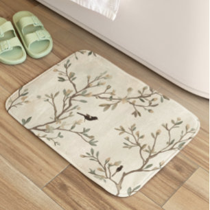 Bird Branch Watercolor Beige Nature Painting Bath Mat