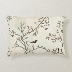 Bird Branch Watercolor Beige Nature Painting Decorative Cushion