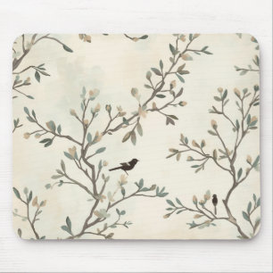 Bird Branch Watercolor Beige Nature Painting Mouse Mat