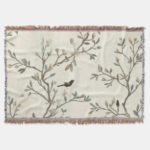 Bird Branch Watercolor Beige Nature Painting Throw Blanket