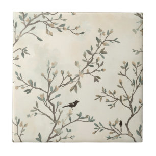 Bird Branch Watercolor Beige Nature Painting Tile