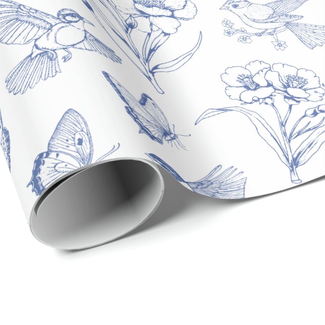 Bird & Butterfly Floral Toile Blue Wrapping Paper (Roll Corner)