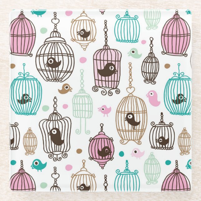 bird cage love kids background pattern glass coaster (Front)