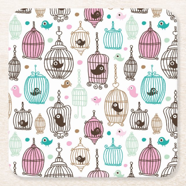 bird cage love kids background pattern square paper coaster (Front)