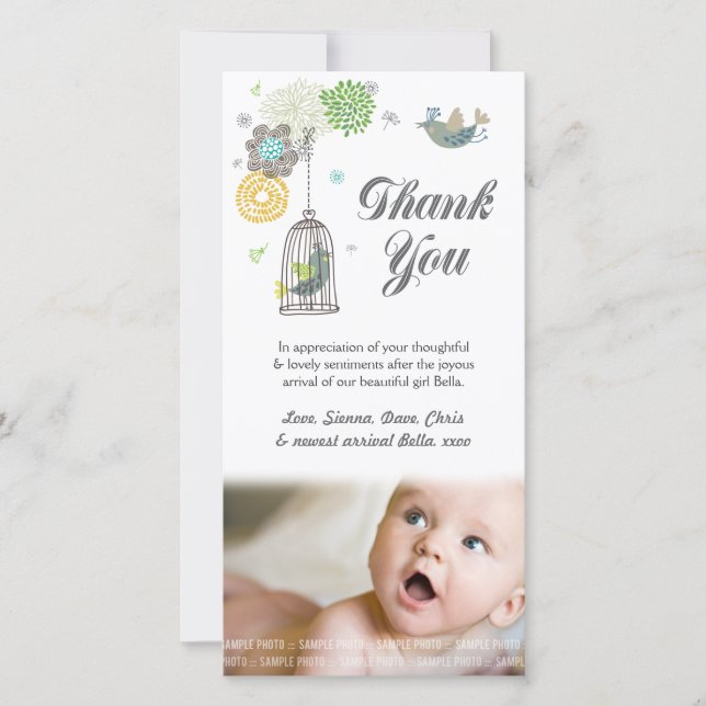 Bird Cage Thank You Note Baby Photo Card Template (Front)