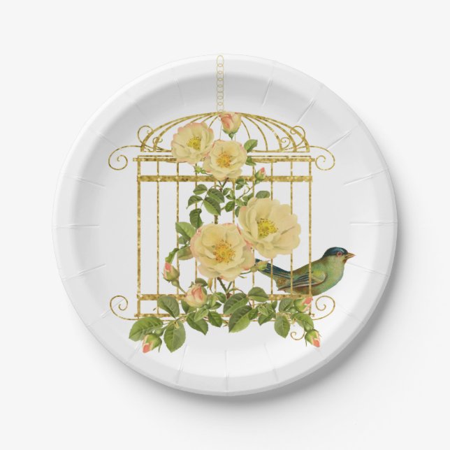 Bird Cage with Roses and a Bird Paper Plate (Front)