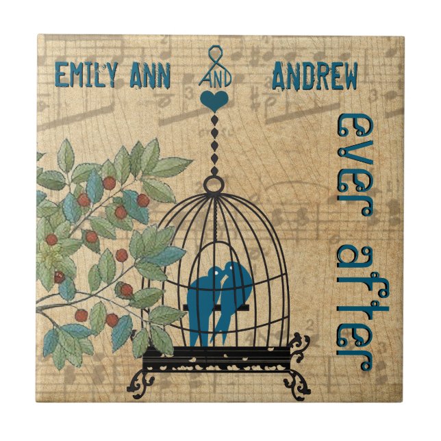 Bird Cage Wood Grain Tree Forever Anniversary Tile (Front)